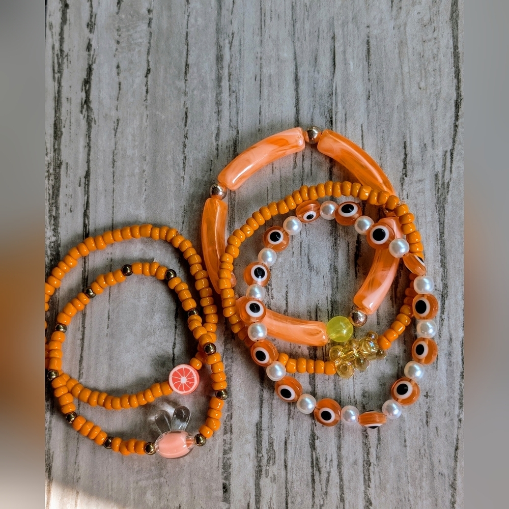 Orange Beaded Bracelet Set Of 5